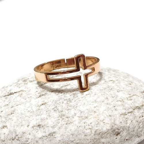 Cross ring women's new, steel with rose gold plating