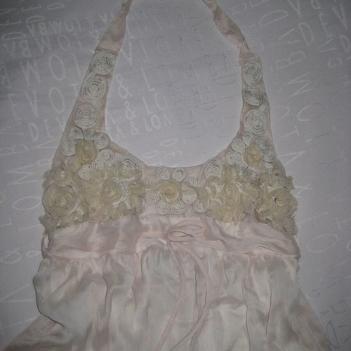 Baby doll dress with floral appliques, peach chiffon