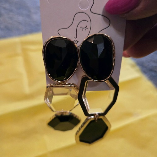 Large impressive earrings new, black with gold and transparent