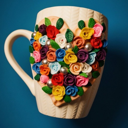 Handmade mug with embossed colorful flowers decorative, new