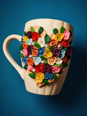 Handmade mug with embossed colorful flowers decorative, new