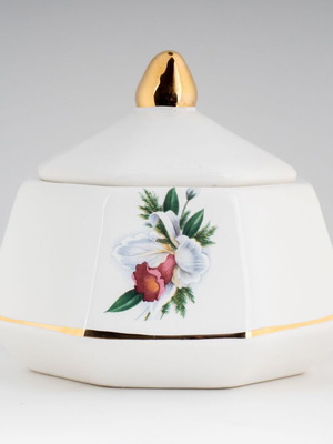 Vintage porcelain octagonal lidded box used, floral design with gold details