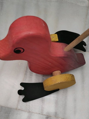 Wooden duck pull toy used, 50 cm height with broken stick