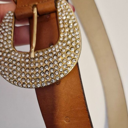 Leather belt with strass like new, brown and gold, 100 cm