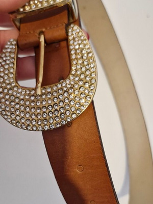 Leather belt with strass like new, brown and gold, 100 cm