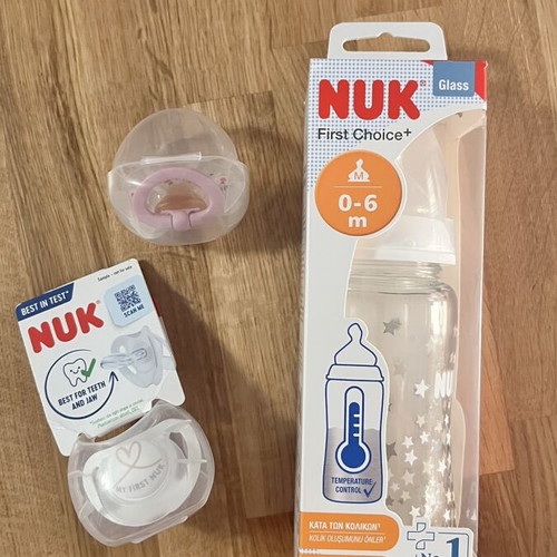 Nuk glass baby bottle and two pacifiers new