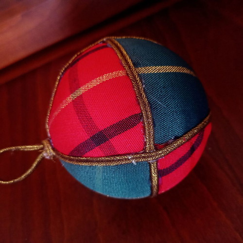 Set of handmade Christmas ornaments with three large plaid balls