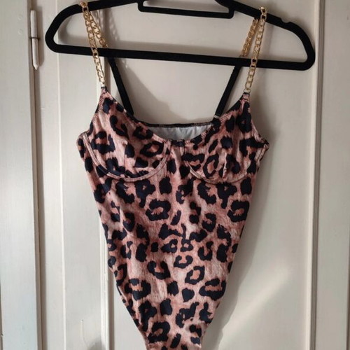 Leopard Print Bodysuit with Gold Chain, One Size, like new