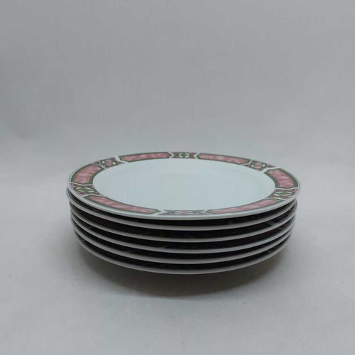 Set of 6 small porcelain shallow serving plates used with pink and green details 19.5cm