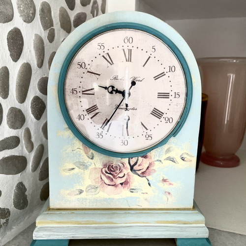 Wooden vintage analog quartz table clock with Latin and Arabic numerals