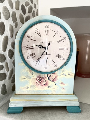 Wooden vintage analog quartz table clock with Latin and Arabic numerals