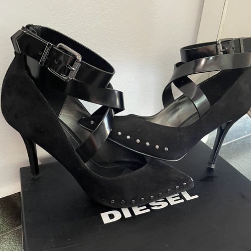 Diesel heels like new, black suede with leather strap and metal details