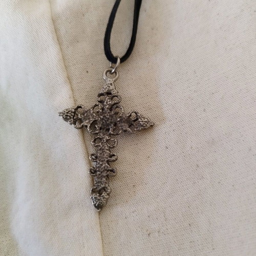 Carved vintage cross with rhinestones used and velvet strap