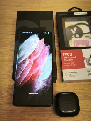 Samsung Galaxy S21 Ultra μαύρο σαν καινούργιο, 128G, με ακουστικά και αδιάβροχη θήκη