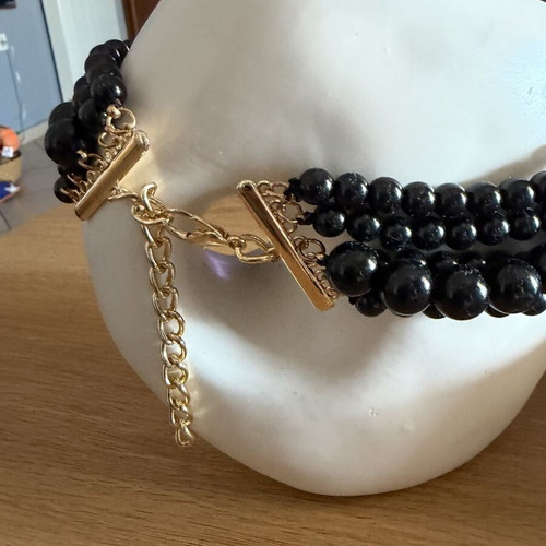 Black pearl choker necklace, 5 rows, gold-tone steel clasp