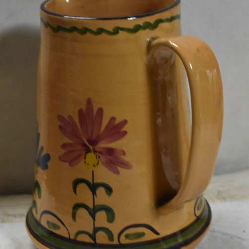 Handmade ceramic jug with painted flowers like new