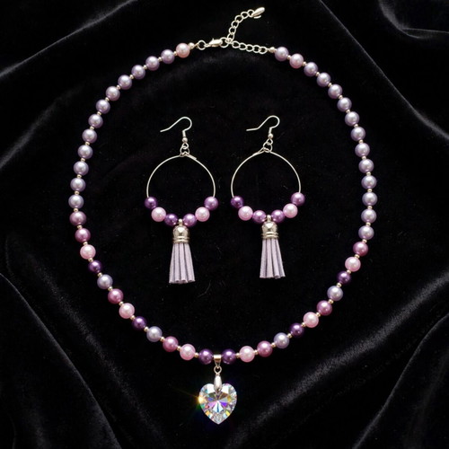 Purple beaded necklace and earrings set