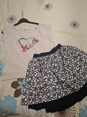 Grammy girls summer set used, skirt and blouse white and blue