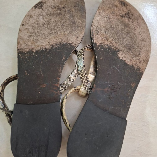 Snakeskin leather sandals with decorative stone, size 38, used
