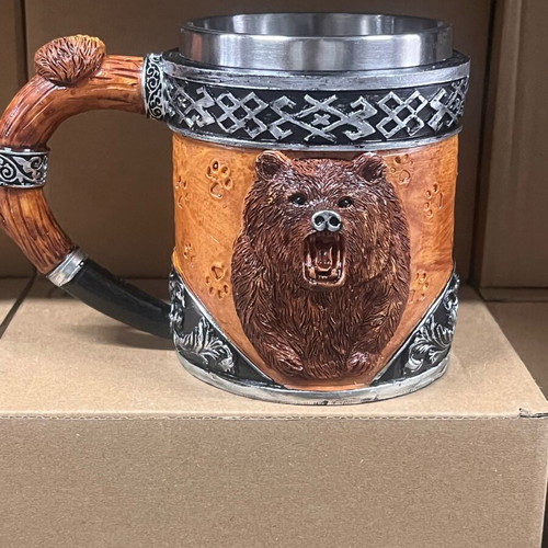 3D embossed bear mug with stainless steel interior and polystone exterior new