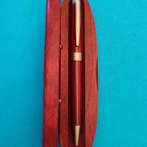Wooden roller pen in wooden case new, blue ink