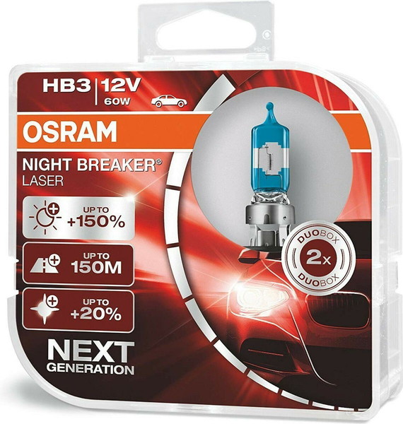 Osram Λάμπες Αυτοκινήτου Night Breaker Laser +150% HB3-9005 Αλογόνου 12V 60W 2τμχ 9005NL-HCB