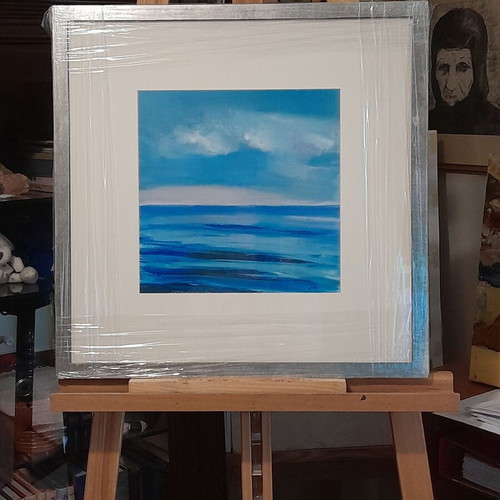 Painting new tempera on canvas with silver wooden frame 53x53 cm