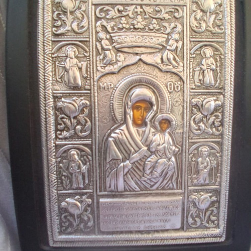 Panagia Soumela icon with silver relief on wood