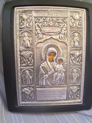 Panagia Soumela icon with silver relief on wood