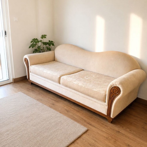 Three-seater sofa like new, beige with wooden details