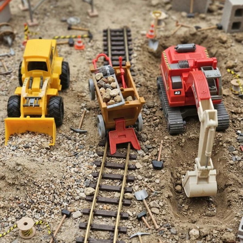 Toy vehicle set used with Playmobil excavator and Fischer Price carriage