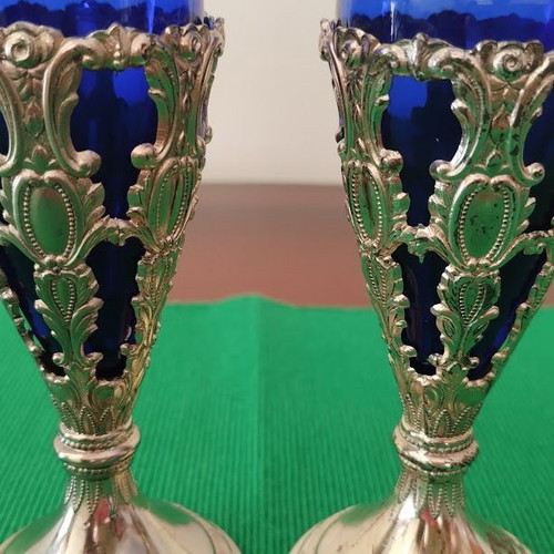 Pair of cobalt glass vases used with silver bases