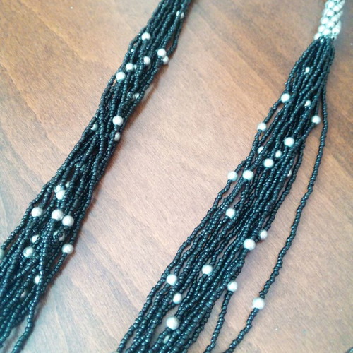 Statement bayadere layered necklace black-silver with braided glass beads strap like new