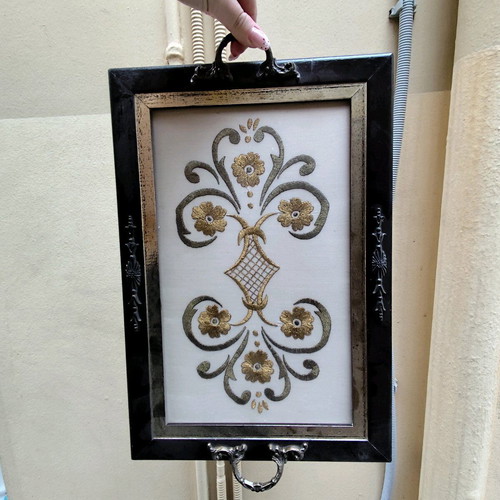 Vintage wooden tray with embroidery used