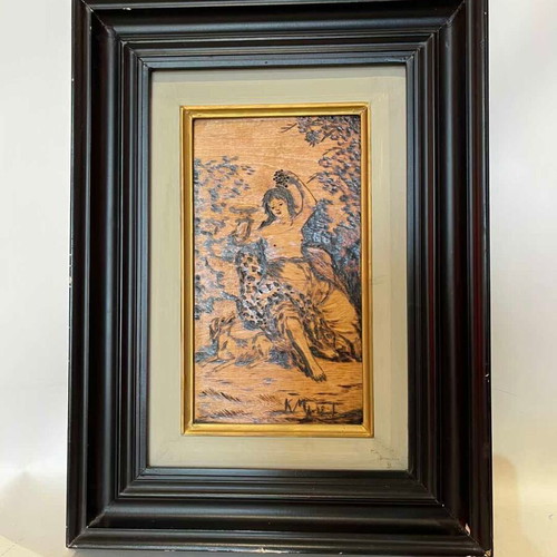 Vintage Pyrography Wall Frame with Greek Mythology and Artist Signature 46x34 used