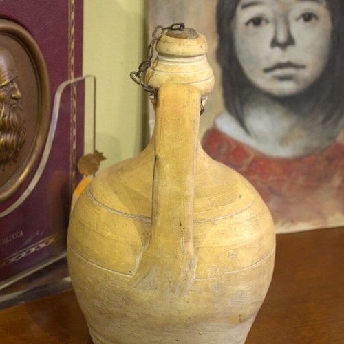 Mediterranean terracotta olive oil jug used, Apulian pottery