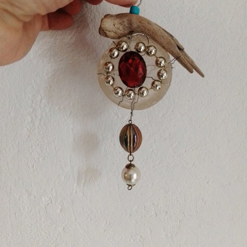 Signed micro-sculpture used, with glass, wood, beads