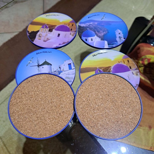 Santorini metal coasters new, set of 6 with cork