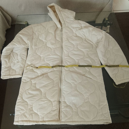 Long women's quilted jacket like new, white with hood