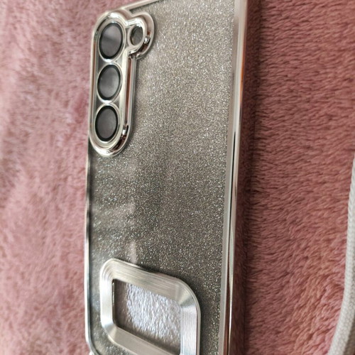 Samsung Galaxy S23 gray glossy glitter case with lanyard new