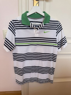 Nike Polo Shirt like new, white with green collar and dark blue stripes, Large