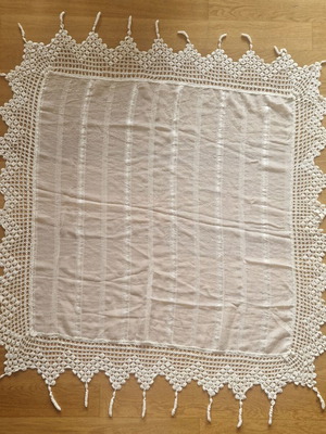 Silk tablecloth square with handmade lace new 145x145 cm