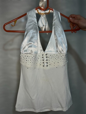 Top with open back like new, satin and cotton, white