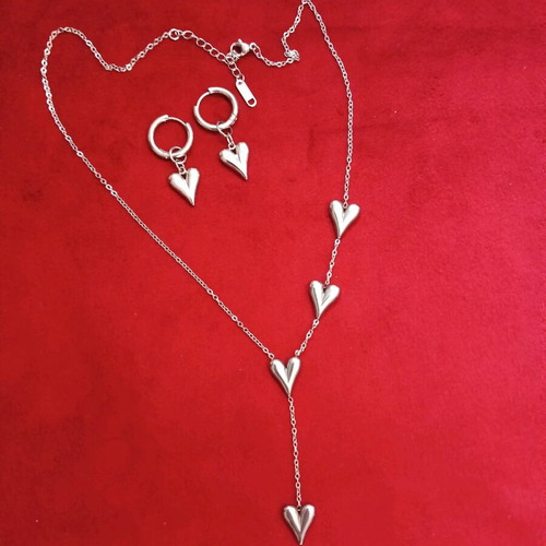 Necklace and earrings set heart-shaped stainless steel new, silver