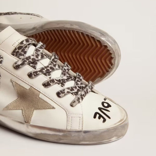 Women's shoes with leopard print laces and star design, white, love text