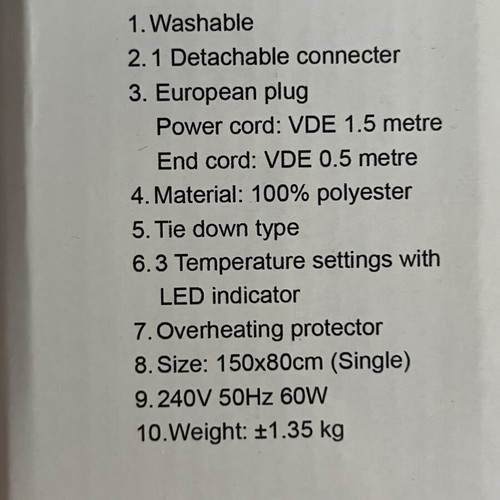 Electric blanket single bed used, 150x180cm, one elastic torn