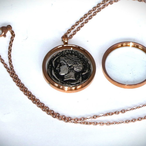 Ancient silver-plated coin pendant - replica - Arethusa, glass case necklace pendant 22K gold-plated