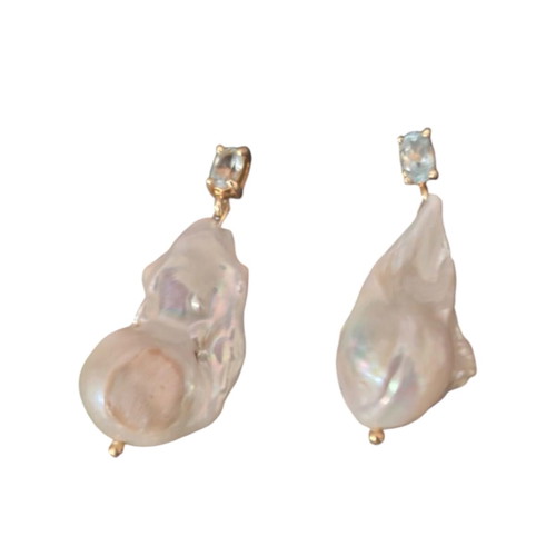 Earrings with baroque pearl and semiprecious stones, new, 3.8cm