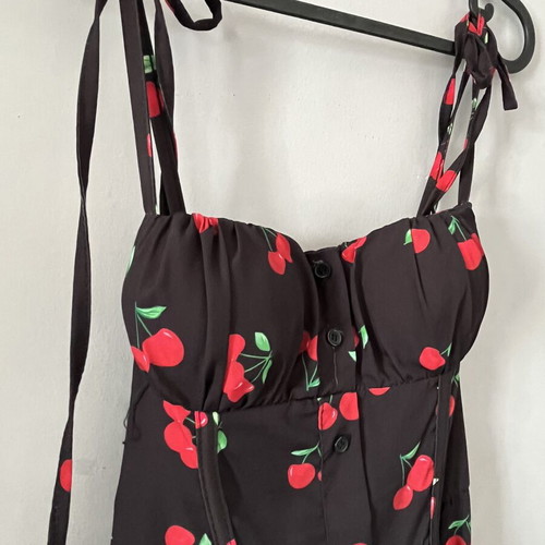 Black midi dress with cherry print and corset fit