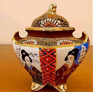 Satsuma 1900-1930 Japanese Mikado Hand Painted Gilded Incense Burner Pot Jar
